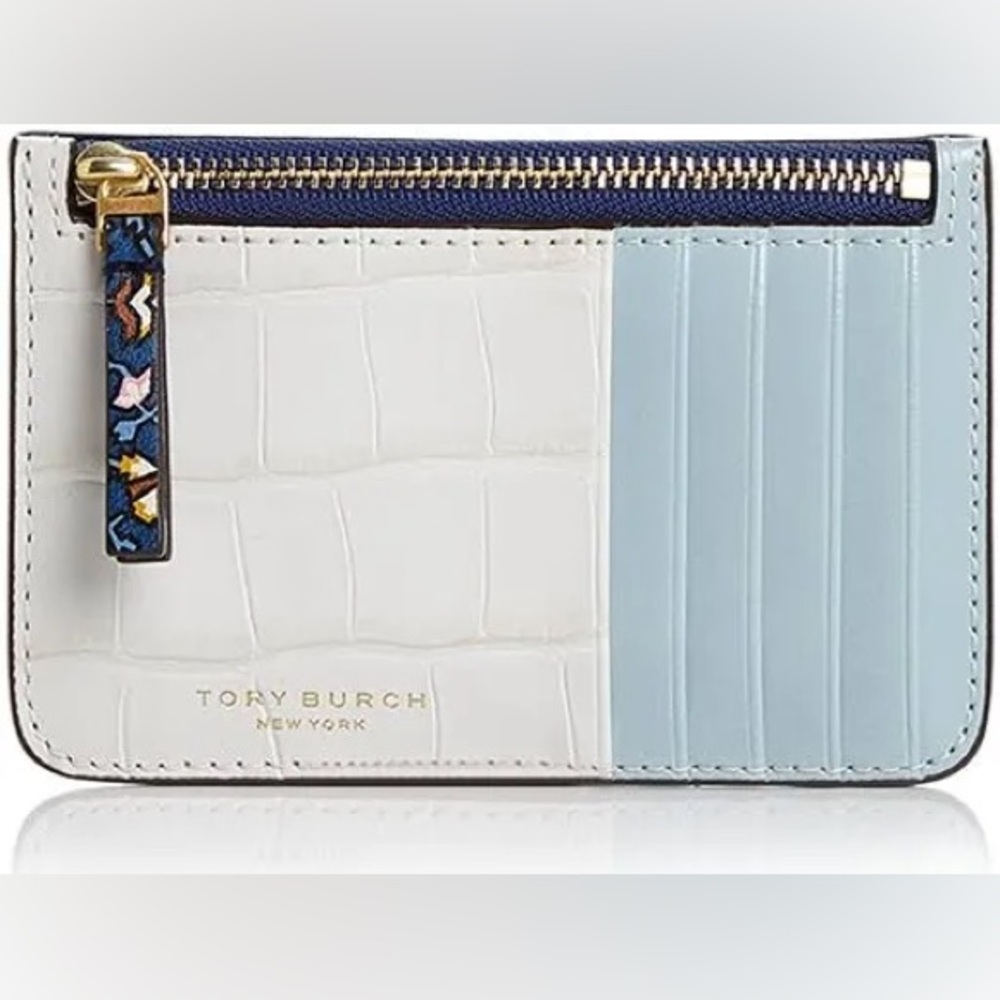 Tory Burch Colorblock Leather Card Case -Blue Wild Pansy